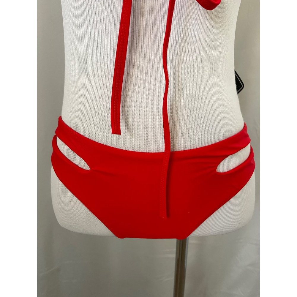 ZAFUL Red Tie Front Bikini Top w/ Matching Peek-a-Boo Racing Style Bikini Bottom - Picture 3 of 12